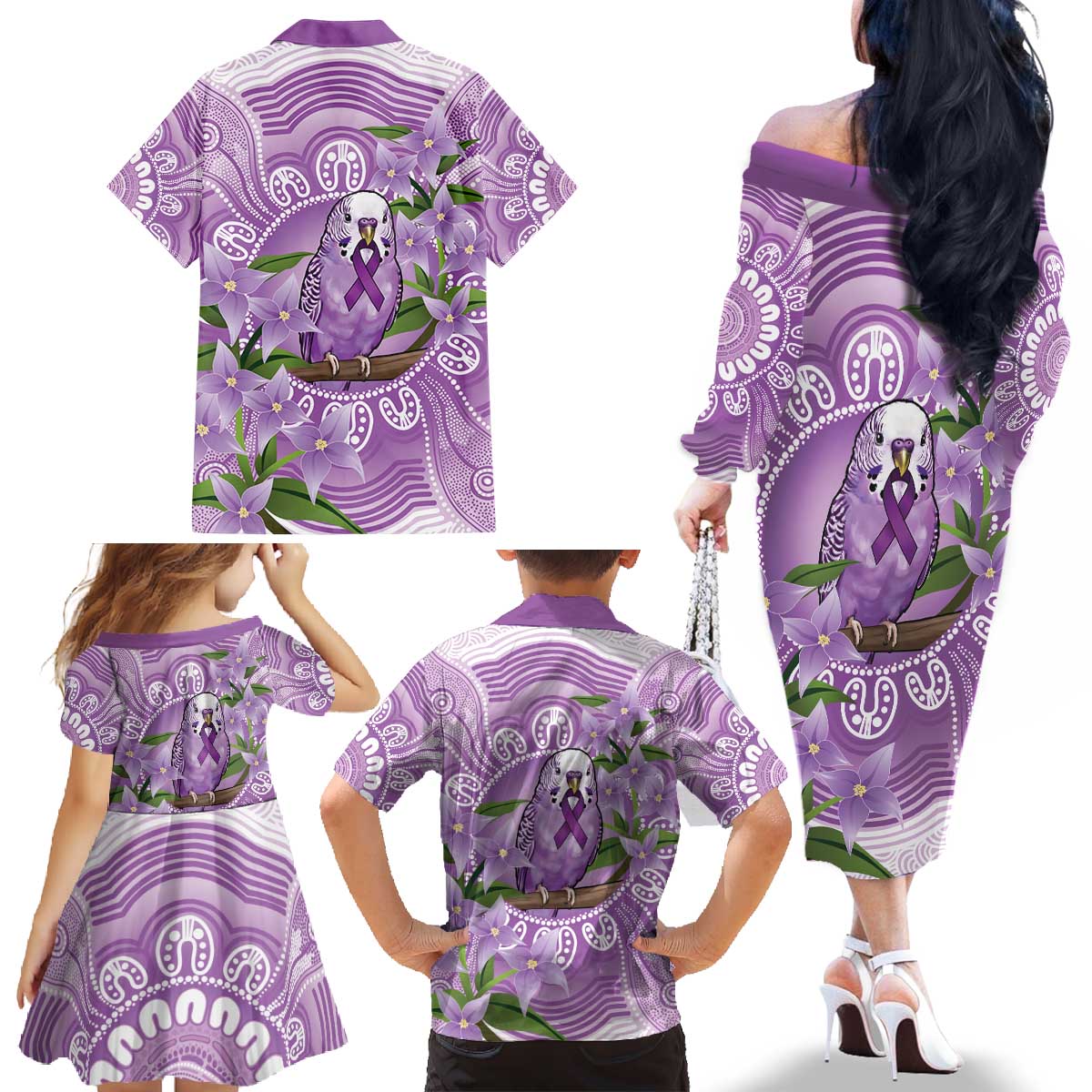 Epilepsy Awareness Budgerigar Australia Family Matching Off The Shoulder Long Sleeve Dress and Hawaiian Shirt Budgie Purple Ribbon Boronia Aboriginal - Aussie Hoodie