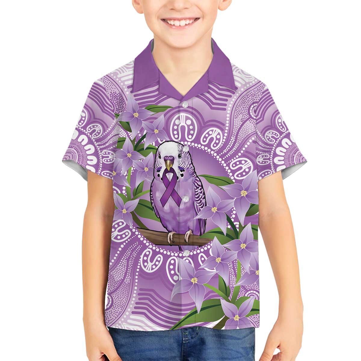 Epilepsy Awareness Budgerigar Australia Family Matching Off The Shoulder Long Sleeve Dress and Hawaiian Shirt Budgie Purple Ribbon Boronia Aboriginal - Aussie Hoodie