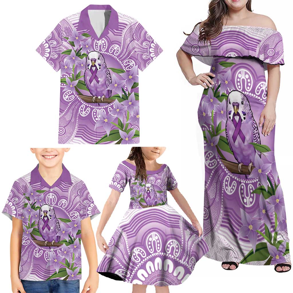 Epilepsy Awareness Budgerigar Australia Family Matching Off Shoulder Maxi Dress and Hawaiian Shirt Budgie Purple Ribbon Boronia Aboriginal - Aussie Hoodie