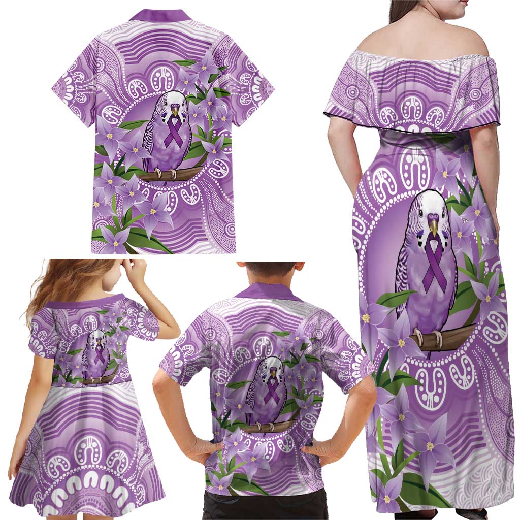 Epilepsy Awareness Budgerigar Australia Family Matching Off Shoulder Maxi Dress and Hawaiian Shirt Budgie Purple Ribbon Boronia Aboriginal - Aussie Hoodie