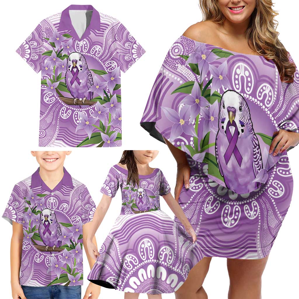 Epilepsy Awareness Budgerigar Australia Family Matching Off Shoulder Short Dress and Hawaiian Shirt Budgie Purple Ribbon Boronia Aboriginal - Aussie Hoodie