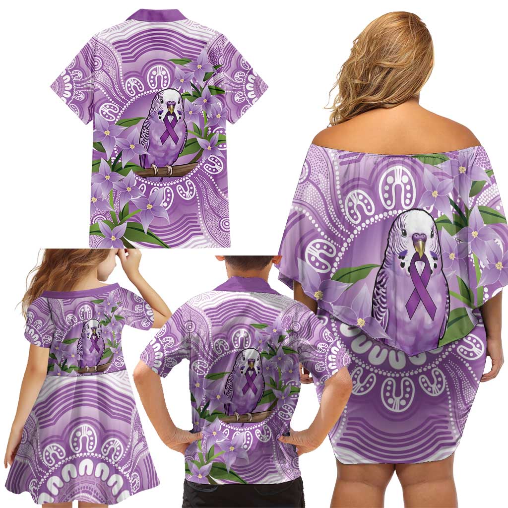 Epilepsy Awareness Budgerigar Australia Family Matching Off Shoulder Short Dress and Hawaiian Shirt Budgie Purple Ribbon Boronia Aboriginal - Aussie Hoodie
