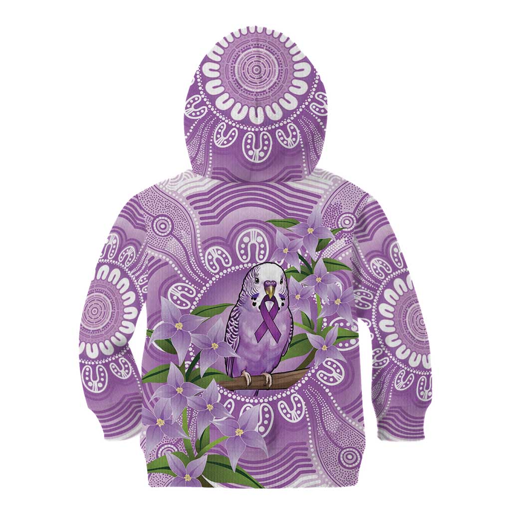 Epilepsy Awareness Budgerigar Australia Kid Hoodie Budgie Purple Ribbon Boronia Aboriginal - Aussie Hoodie