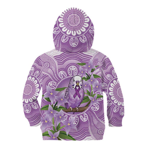 Epilepsy Awareness Budgerigar Australia Kid Hoodie Budgie Purple Ribbon Boronia Aboriginal - Aussie Hoodie
