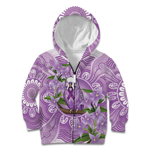 Epilepsy Awareness Budgerigar Australia Kid Hoodie Budgie Purple Ribbon Boronia Aboriginal - Aussie Hoodie