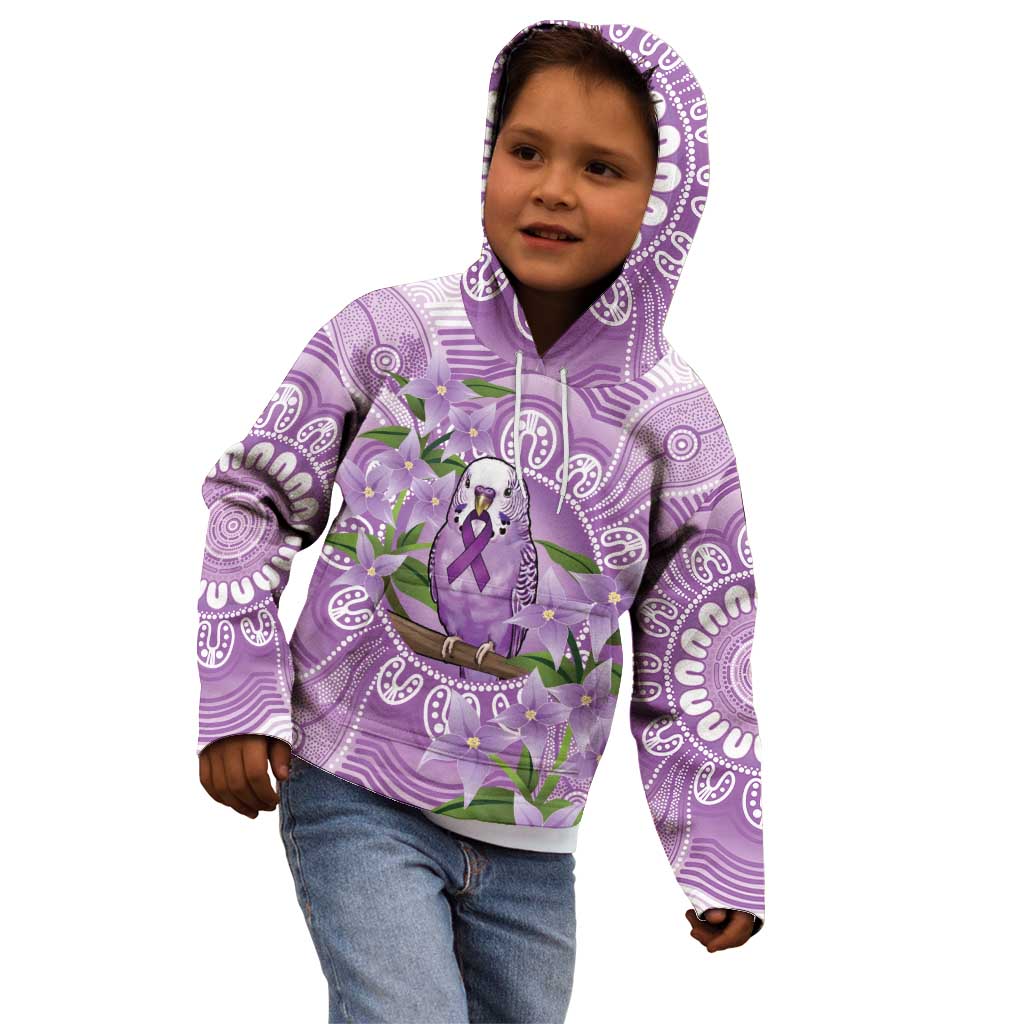 Epilepsy Awareness Budgerigar Australia Kid Hoodie Budgie Purple Ribbon Boronia Aboriginal - Aussie Hoodie