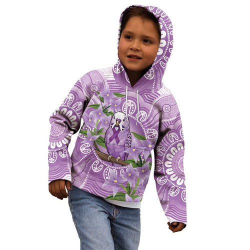 Epilepsy Awareness Budgerigar Australia Kid Hoodie Budgie Purple Ribbon Boronia Aboriginal - Aussie Hoodie