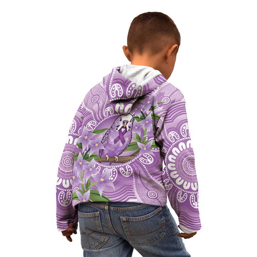 Epilepsy Awareness Budgerigar Australia Kid Hoodie Budgie Purple Ribbon Boronia Aboriginal - Aussie Hoodie