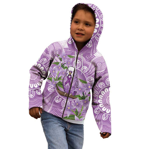 Epilepsy Awareness Budgerigar Australia Kid Hoodie Budgie Purple Ribbon Boronia Aboriginal - Aussie Hoodie