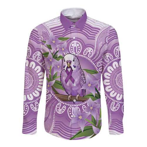 Epilepsy Awareness Budgerigar Australia Long Sleeve Button Shirt Budgie Purple Ribbon Boronia Aboriginal - Aussie Hoodie