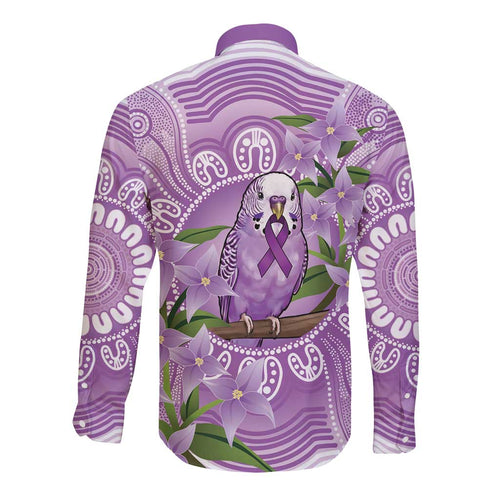 Epilepsy Awareness Budgerigar Australia Long Sleeve Button Shirt Budgie Purple Ribbon Boronia Aboriginal - Aussie Hoodie