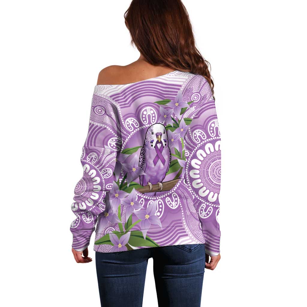 Epilepsy Awareness Budgerigar Australia Off Shoulder Sweater Budgie Purple Ribbon Boronia Aboriginal - Aussie Hoodie