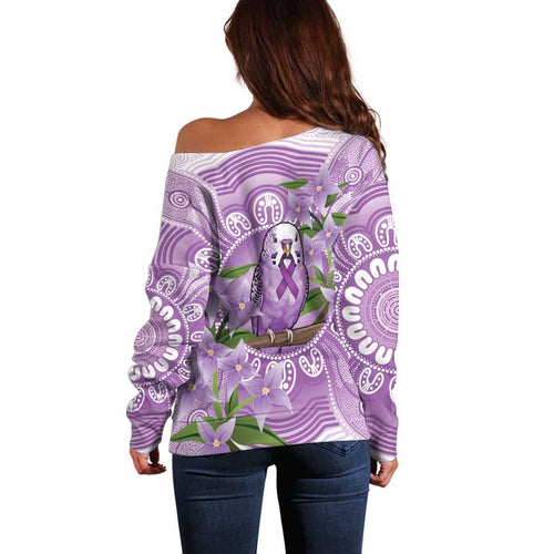 Epilepsy Awareness Budgerigar Australia Off Shoulder Sweater Budgie Purple Ribbon Boronia Aboriginal - Aussie Hoodie