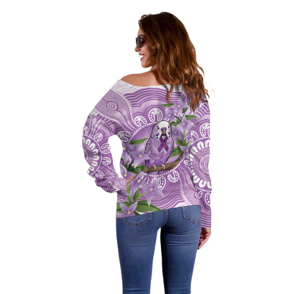 Epilepsy Awareness Budgerigar Australia Off Shoulder Sweater Budgie Purple Ribbon Boronia Aboriginal - Aussie Hoodie