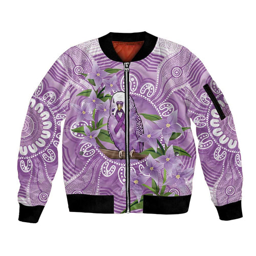 Epilepsy Awareness Budgerigar Australia Sleeve Zip Bomber Jacket Budgie Purple Ribbon Boronia Aboriginal - Aussie Hoodie