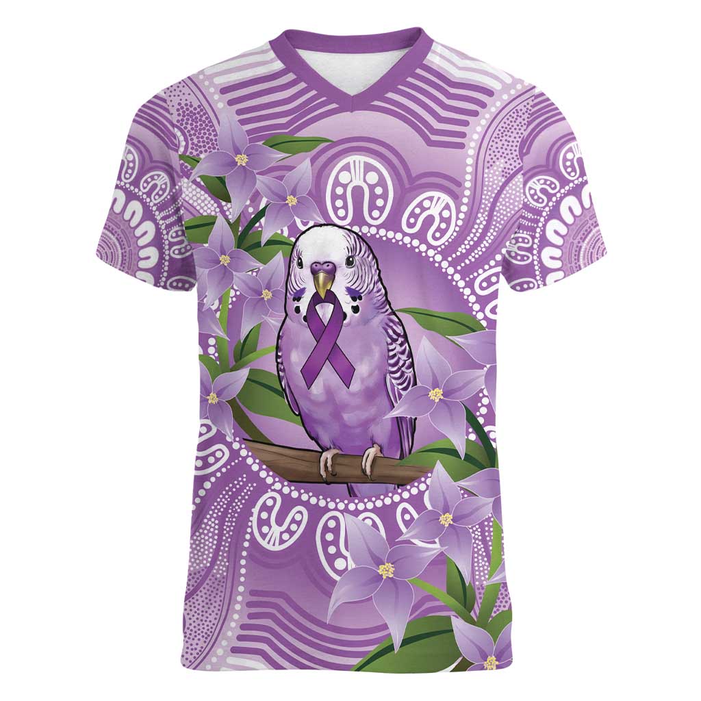 Epilepsy Awareness Budgerigar Australia Women V-Neck T-Shirt Budgie Purple Ribbon Boronia Aboriginal - Aussie Hoodie