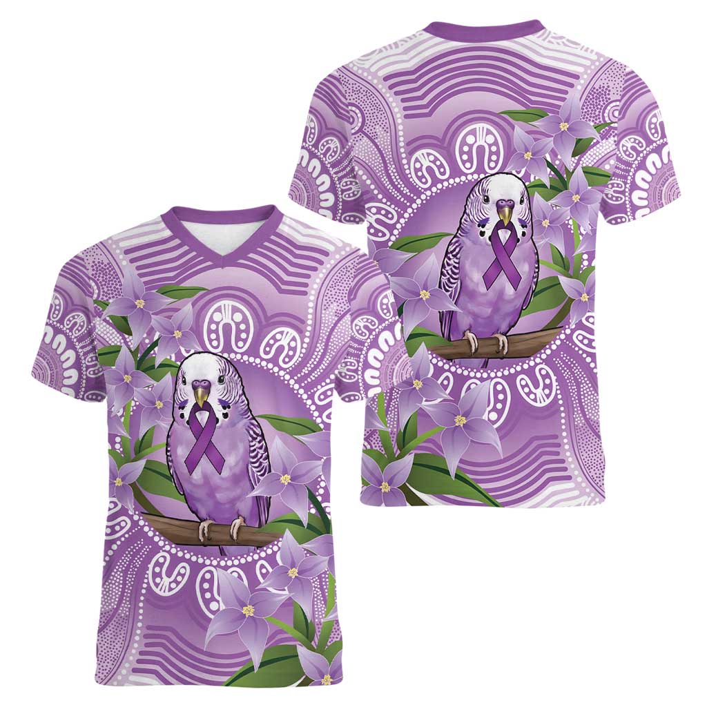 Epilepsy Awareness Budgerigar Australia Women V-Neck T-Shirt Budgie Purple Ribbon Boronia Aboriginal - Aussie Hoodie