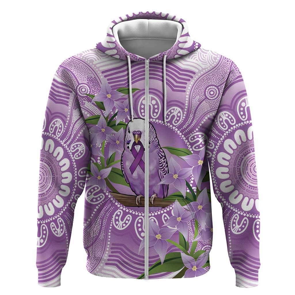 Epilepsy Awareness Budgerigar Australia Zip Hoodie Budgie Purple Ribbon Boronia Aboriginal - Aussie Hoodie