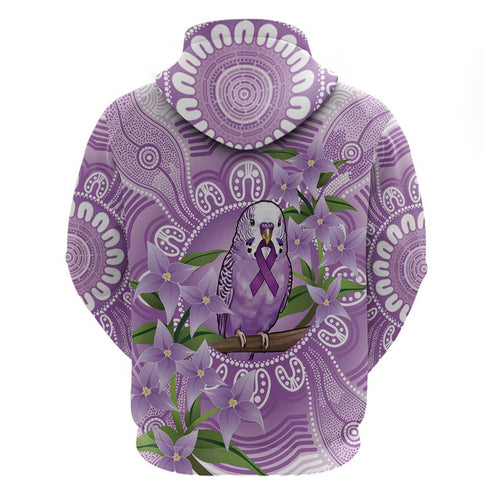 Epilepsy Awareness Budgerigar Australia Zip Hoodie Budgie Purple Ribbon Boronia Aboriginal - Aussie Hoodie