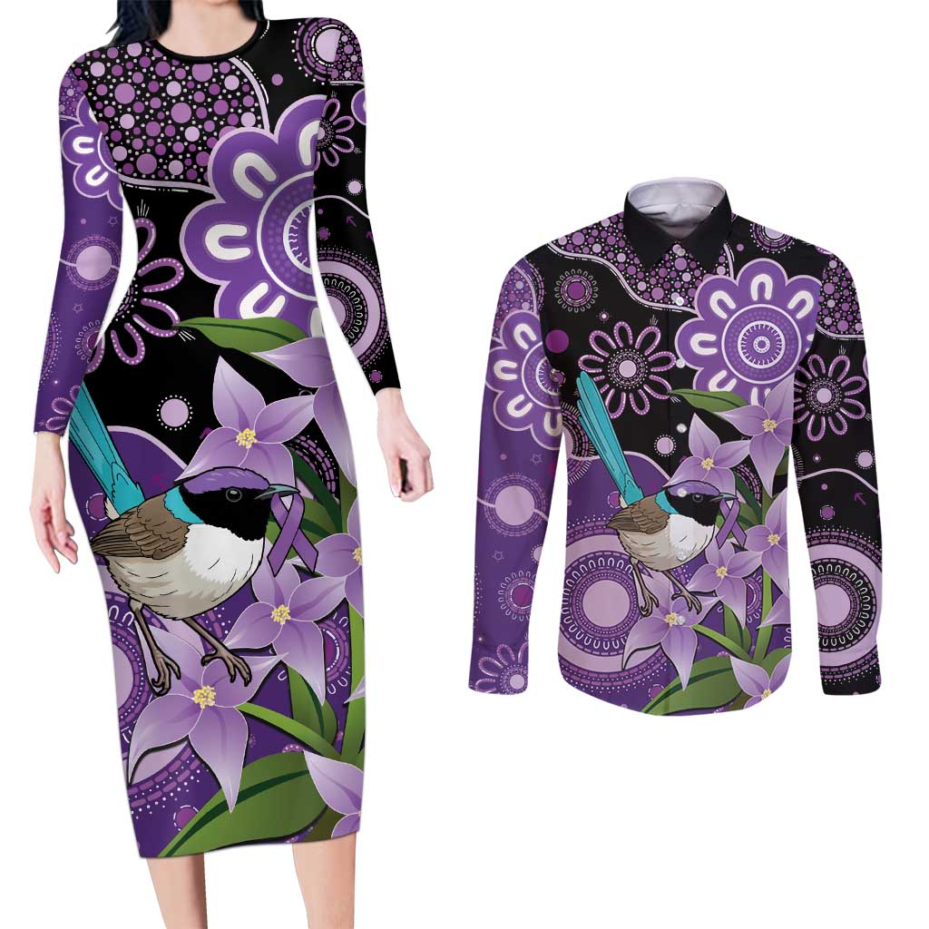 Australia Epilepsy Awareness Couples Matching Long Sleeve Bodycon Dress and Long Sleeve Button Shirt Purple-crowned Fairywren Boronia Aboriginal - Aussie Hoodie