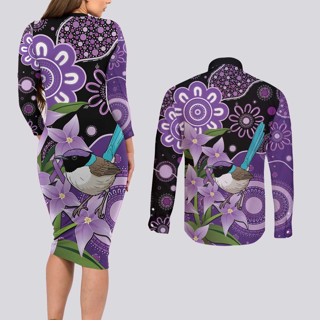 Australia Epilepsy Awareness Couples Matching Long Sleeve Bodycon Dress and Long Sleeve Button Shirt Purple-crowned Fairywren Boronia Aboriginal - Aussie Hoodie