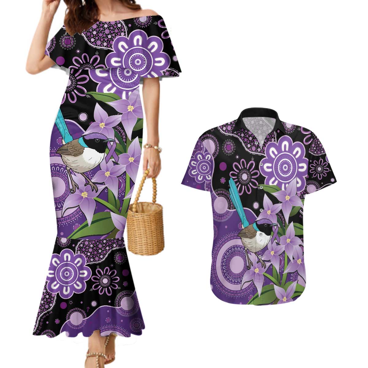 Australia Epilepsy Awareness Couples Matching Mermaid Dress and Hawaiian Shirt Purple-crowned Fairywren Boronia Aboriginal - Aussie Hoodie