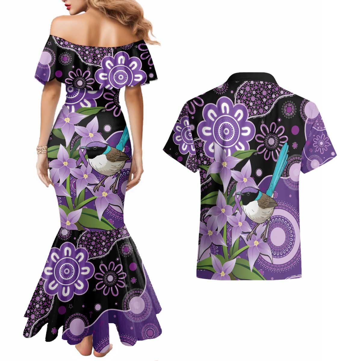 Australia Epilepsy Awareness Couples Matching Mermaid Dress and Hawaiian Shirt Purple-crowned Fairywren Boronia Aboriginal - Aussie Hoodie