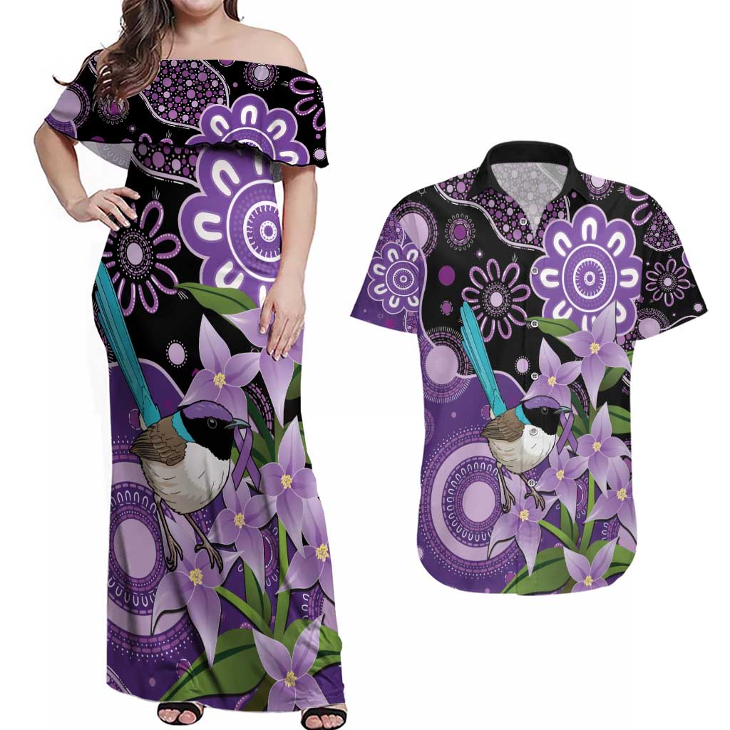 Australia Epilepsy Awareness Couples Matching Off Shoulder Maxi Dress and Hawaiian Shirt Purple-crowned Fairywren Boronia Aboriginal - Aussie Hoodie
