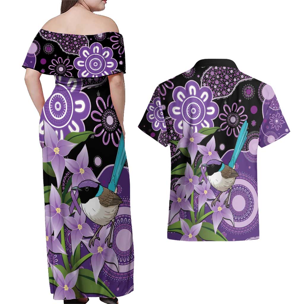 Australia Epilepsy Awareness Couples Matching Off Shoulder Maxi Dress and Hawaiian Shirt Purple-crowned Fairywren Boronia Aboriginal - Aussie Hoodie