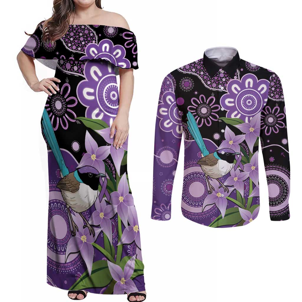 Australia Epilepsy Awareness Couples Matching Off Shoulder Maxi Dress and Long Sleeve Button Shirt Purple-crowned Fairywren Boronia Aboriginal - Aussie Hoodie