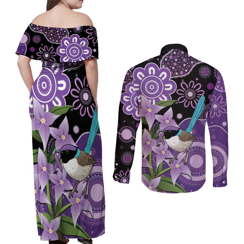 Australia Epilepsy Awareness Couples Matching Off Shoulder Maxi Dress and Long Sleeve Button Shirt Purple-crowned Fairywren Boronia Aboriginal - Aussie Hoodie