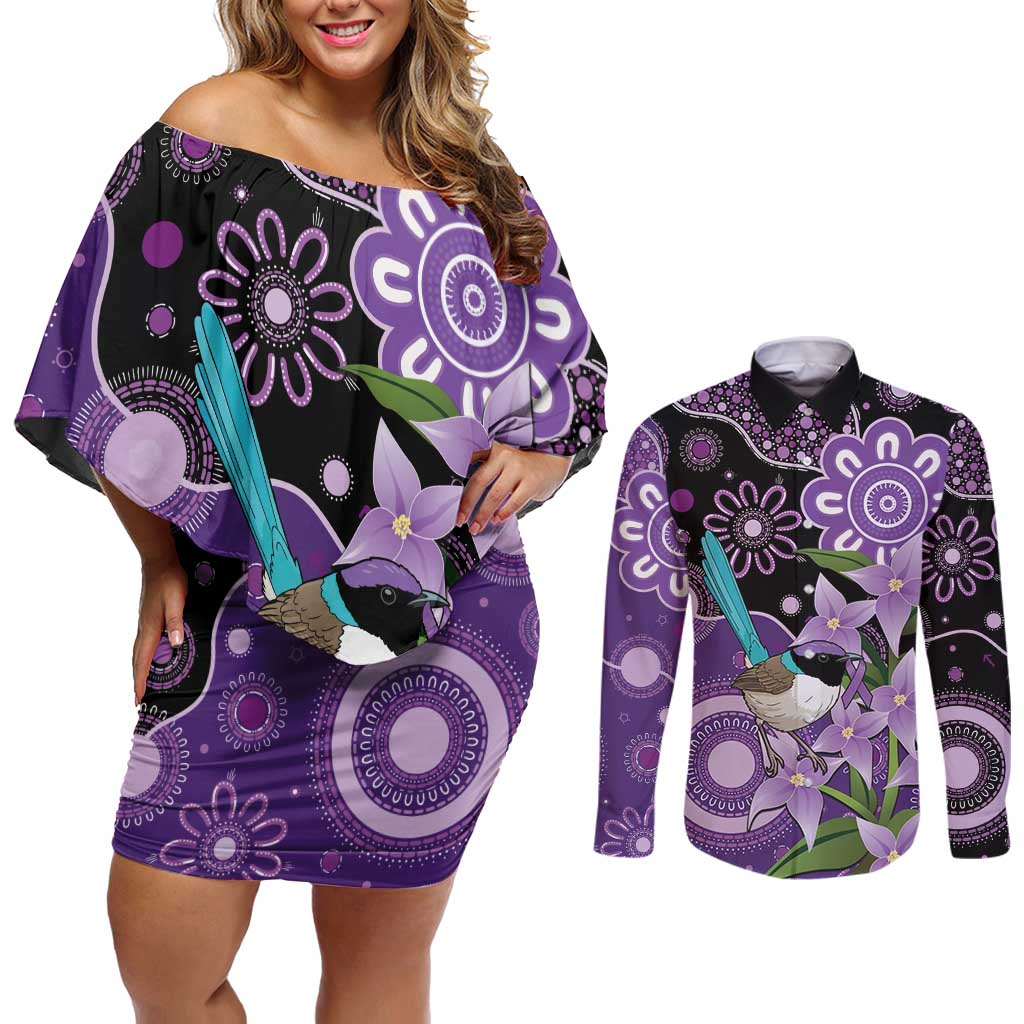 Australia Epilepsy Awareness Couples Matching Off Shoulder Short Dress and Long Sleeve Button Shirt Purple-crowned Fairywren Boronia Aboriginal - Aussie Hoodie