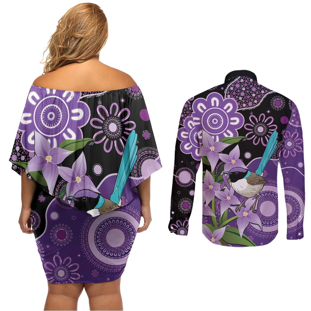 Australia Epilepsy Awareness Couples Matching Off Shoulder Short Dress and Long Sleeve Button Shirt Purple-crowned Fairywren Boronia Aboriginal - Aussie Hoodie