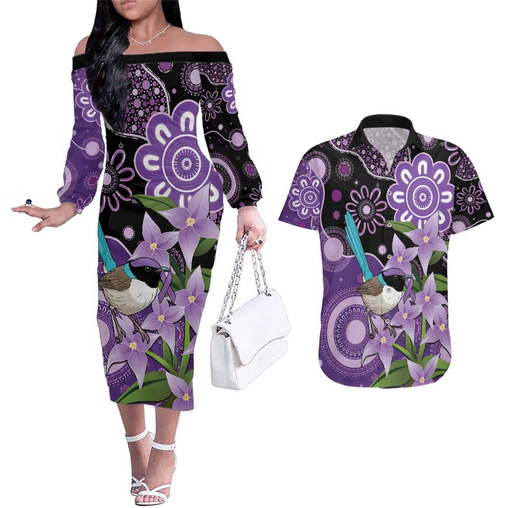 Australia Epilepsy Awareness Couples Matching Off The Shoulder Long Sleeve Dress and Hawaiian Shirt Purple-crowned Fairywren Boronia Aboriginal - Aussie Hoodie