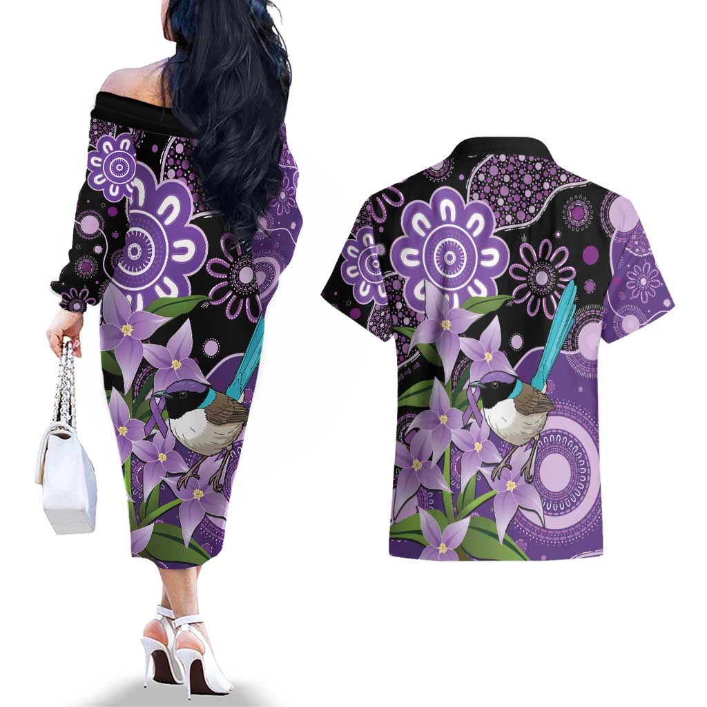 Australia Epilepsy Awareness Couples Matching Off The Shoulder Long Sleeve Dress and Hawaiian Shirt Purple-crowned Fairywren Boronia Aboriginal - Aussie Hoodie