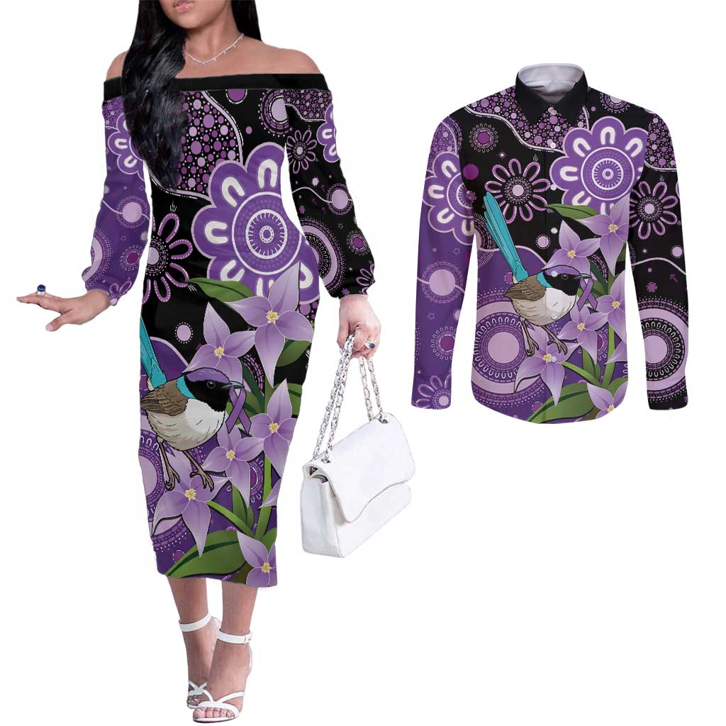 Australia Epilepsy Awareness Couples Matching Off The Shoulder Long Sleeve Dress and Long Sleeve Button Shirt Purple-crowned Fairywren Boronia Aboriginal - Aussie Hoodie