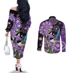 Australia Epilepsy Awareness Couples Matching Off The Shoulder Long Sleeve Dress and Long Sleeve Button Shirt Purple-crowned Fairywren Boronia Aboriginal - Aussie Hoodie