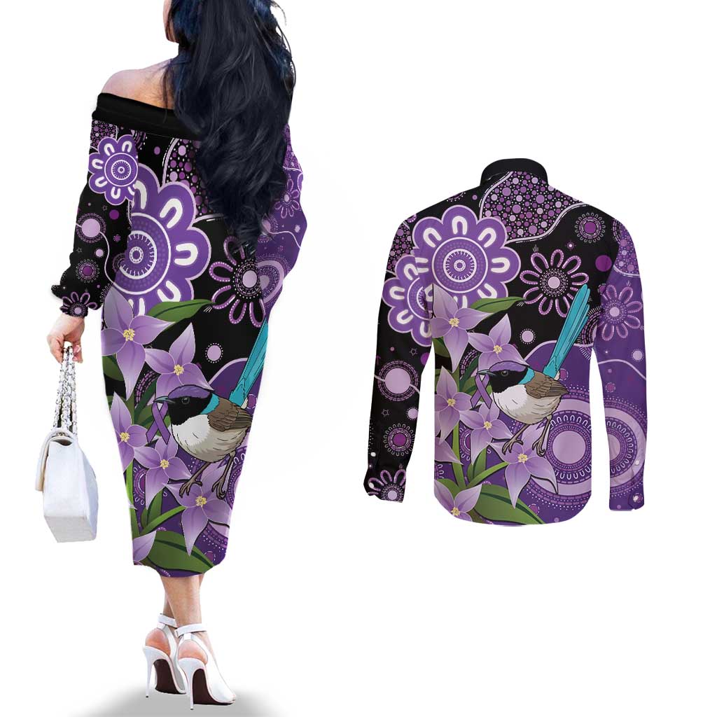 Australia Epilepsy Awareness Couples Matching Off The Shoulder Long Sleeve Dress and Long Sleeve Button Shirt Purple-crowned Fairywren Boronia Aboriginal - Aussie Hoodie