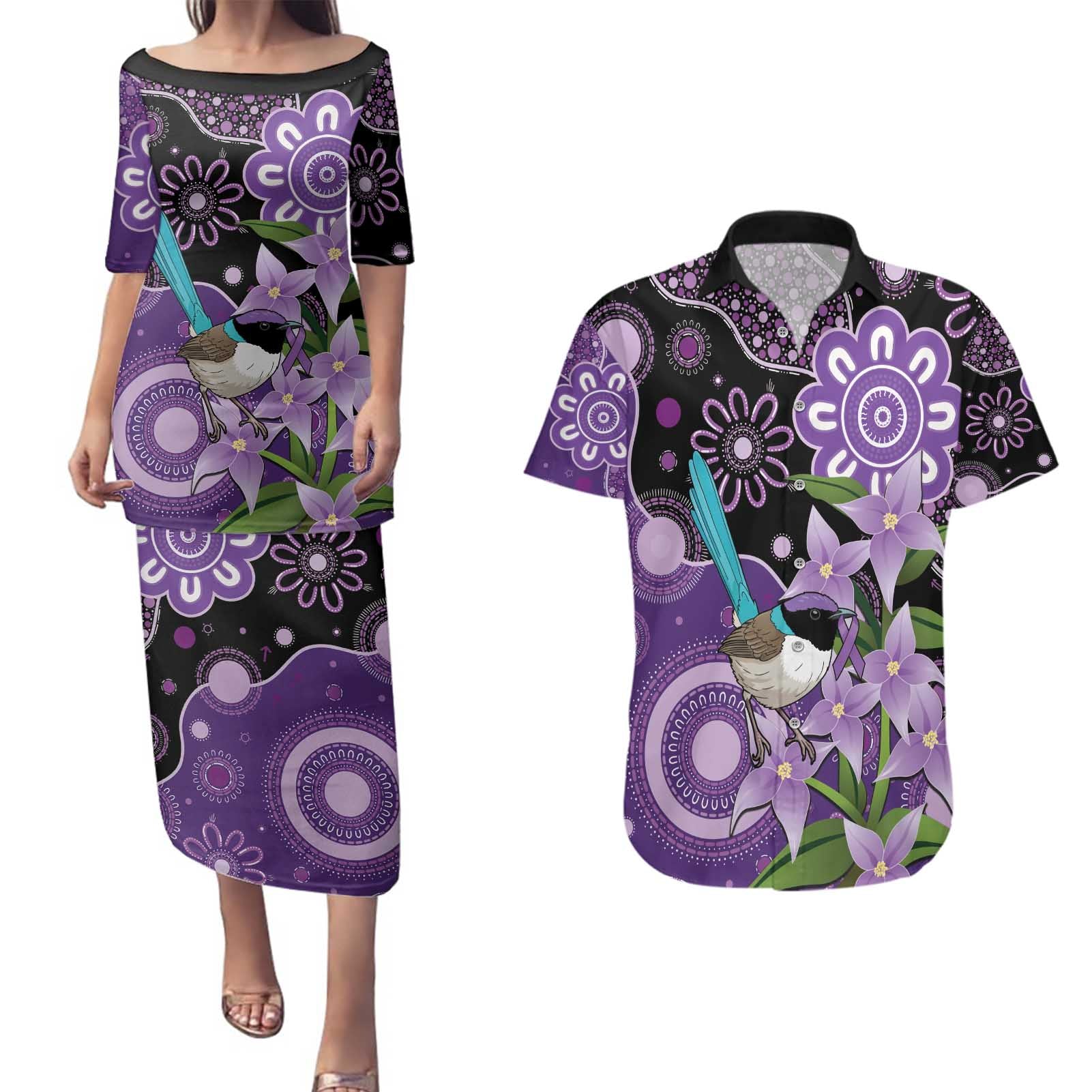 Australia Epilepsy Awareness Couples Matching Puletasi and Hawaiian Shirt Purple-crowned Fairywren Boronia Aboriginal - Aussie Hoodie