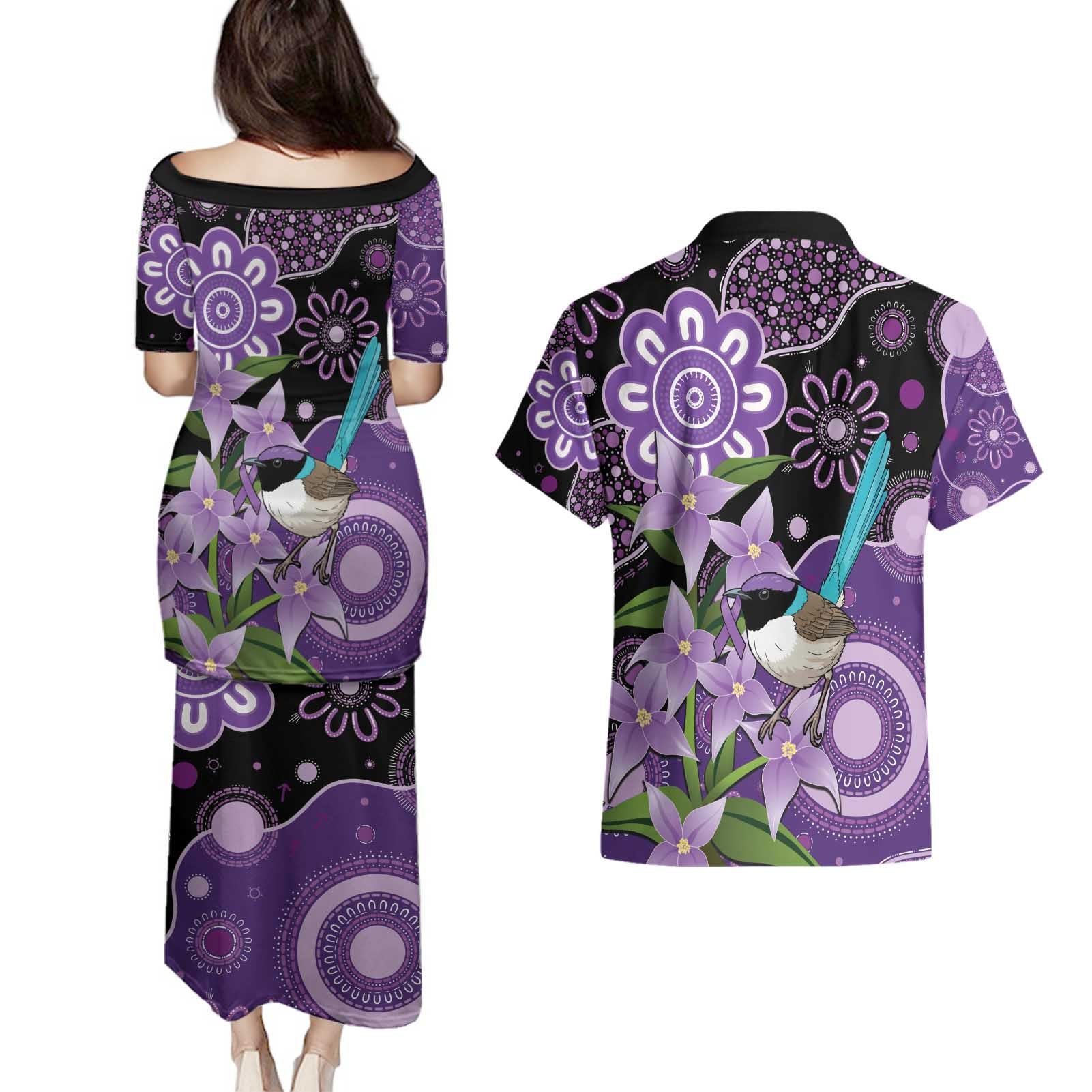 Australia Epilepsy Awareness Couples Matching Puletasi and Hawaiian Shirt Purple-crowned Fairywren Boronia Aboriginal - Aussie Hoodie