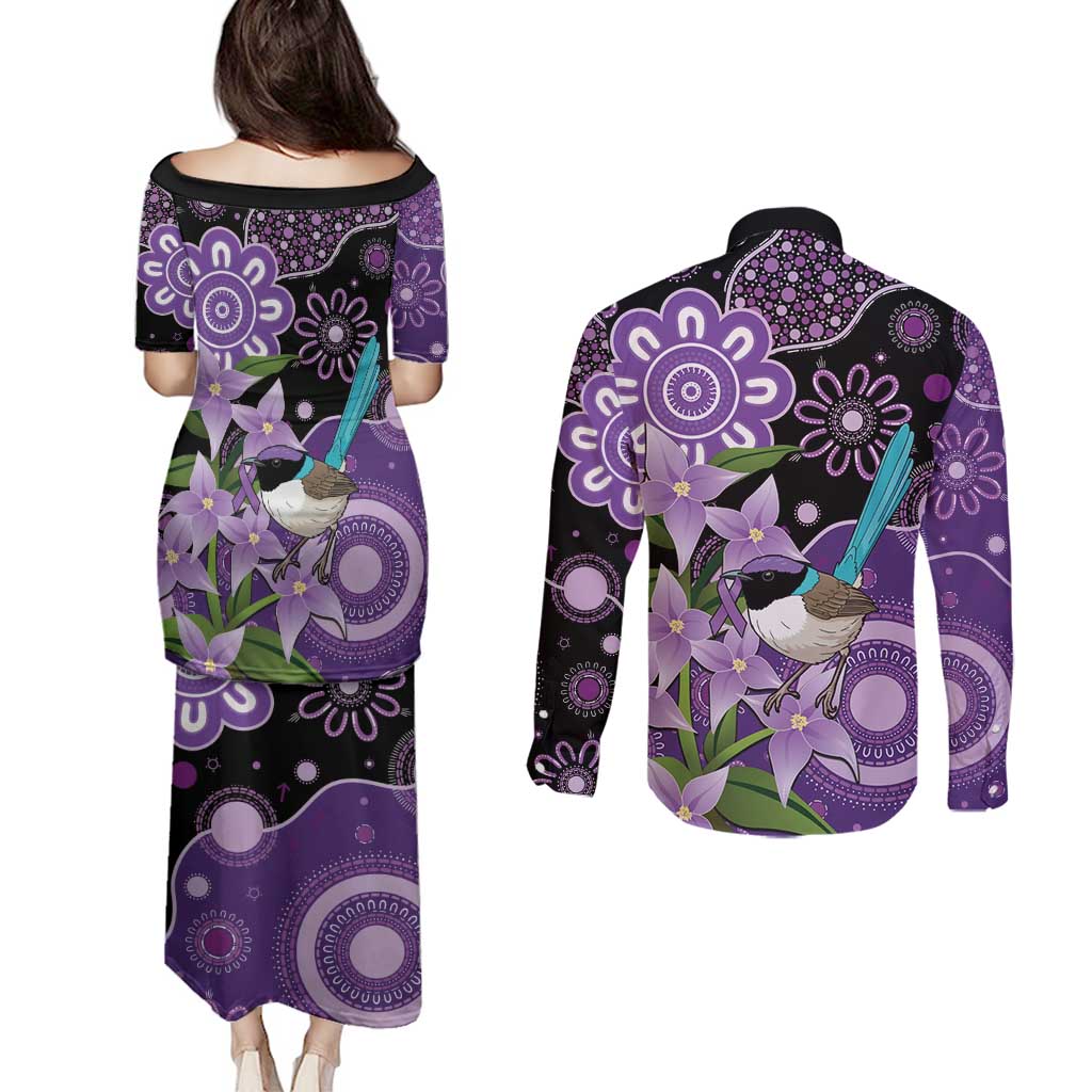 Australia Epilepsy Awareness Couples Matching Puletasi and Long Sleeve Button Shirt Purple-crowned Fairywren Boronia Aboriginal - Aussie Hoodie