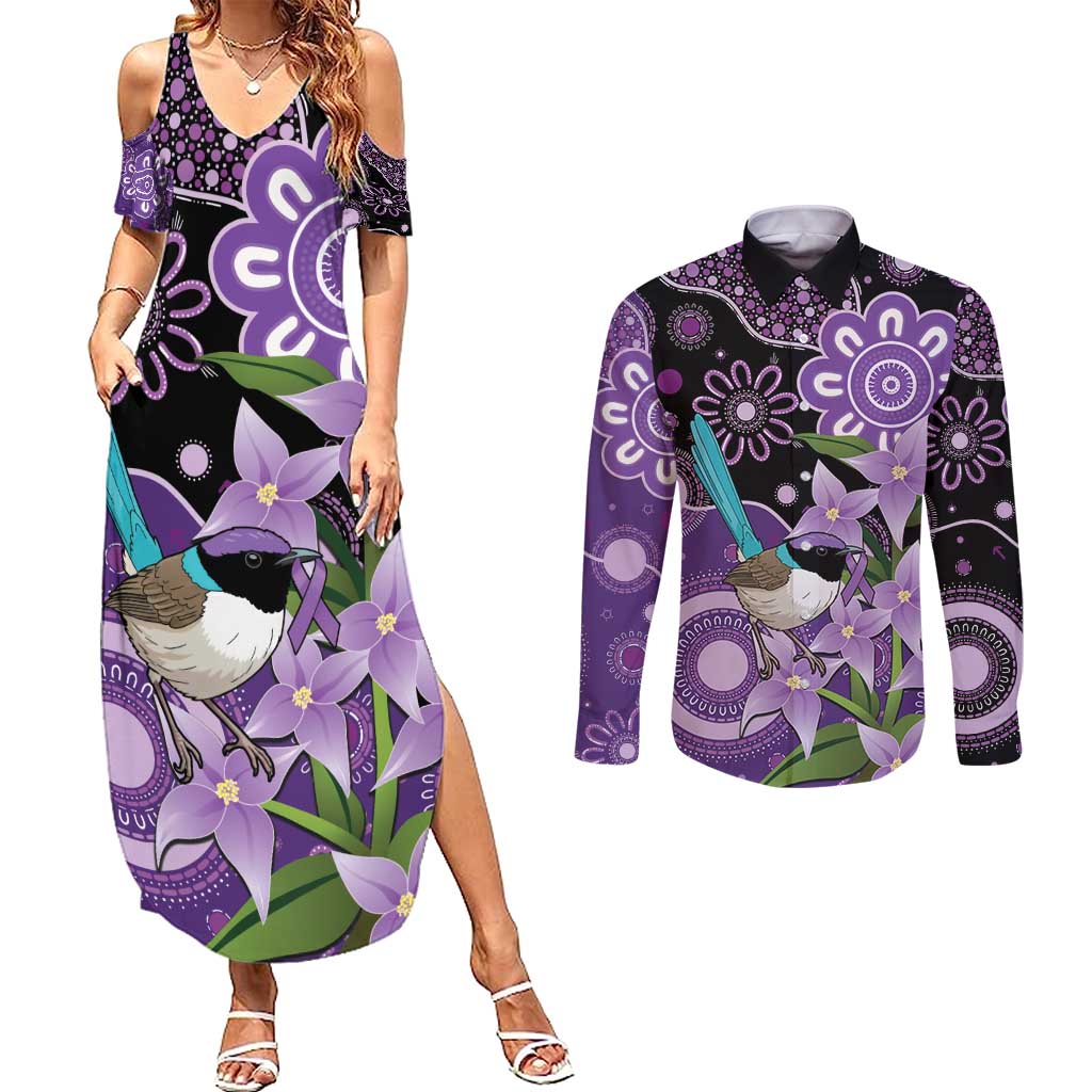 Australia Epilepsy Awareness Couples Matching Summer Maxi Dress and Long Sleeve Button Shirt Purple-crowned Fairywren Boronia Aboriginal - Aussie Hoodie