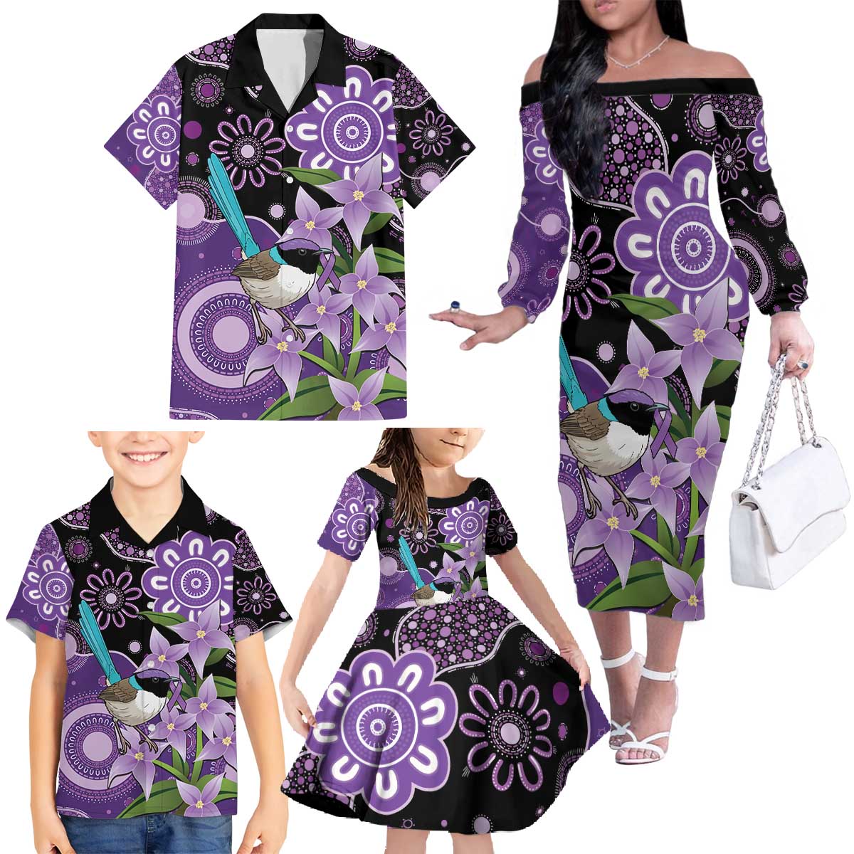 Australia Epilepsy Awareness Family Matching Off The Shoulder Long Sleeve Dress and Hawaiian Shirt Purple-crowned Fairywren Boronia Aboriginal - Aussie Hoodie