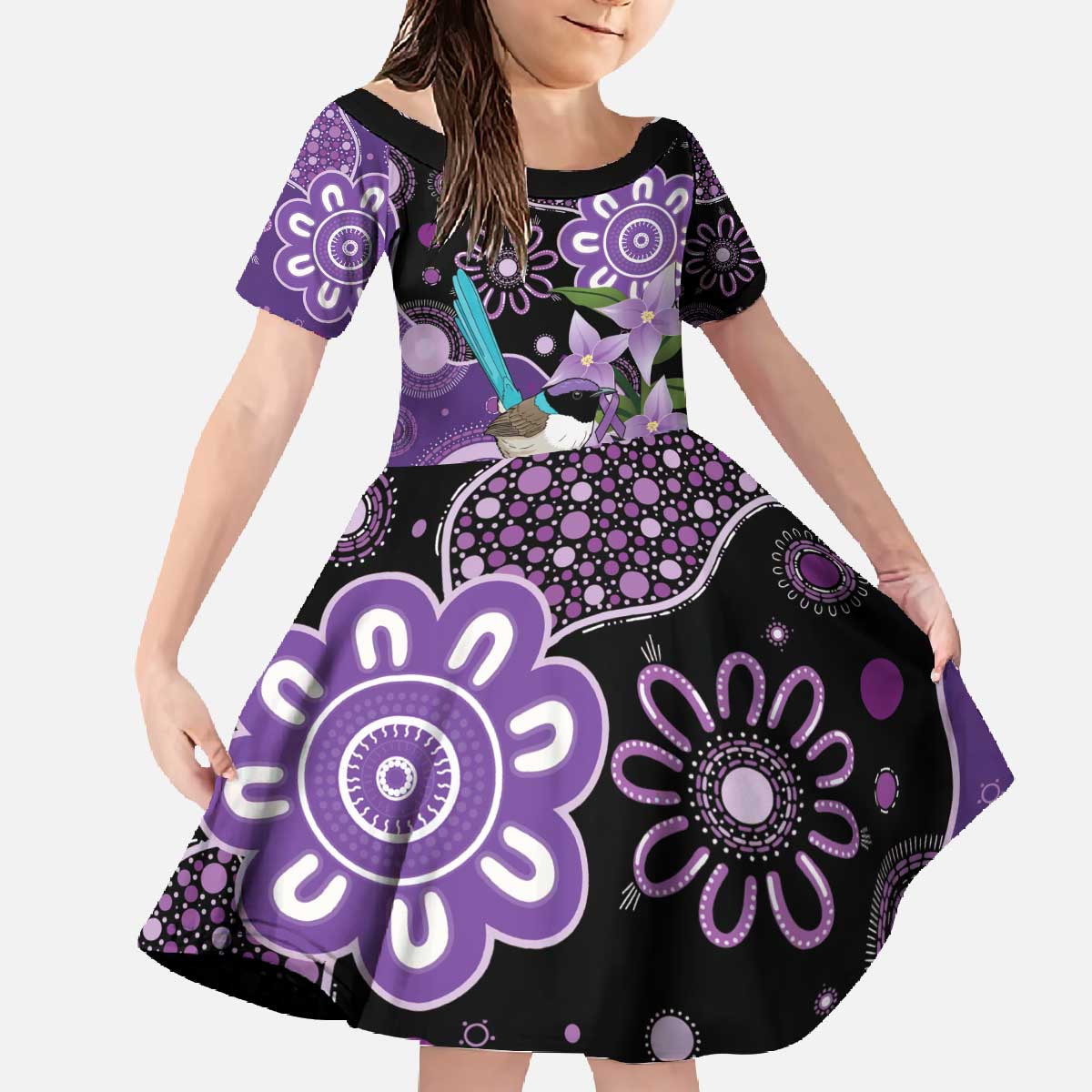 Australia Epilepsy Awareness Family Matching Off The Shoulder Long Sleeve Dress and Hawaiian Shirt Purple-crowned Fairywren Boronia Aboriginal - Aussie Hoodie