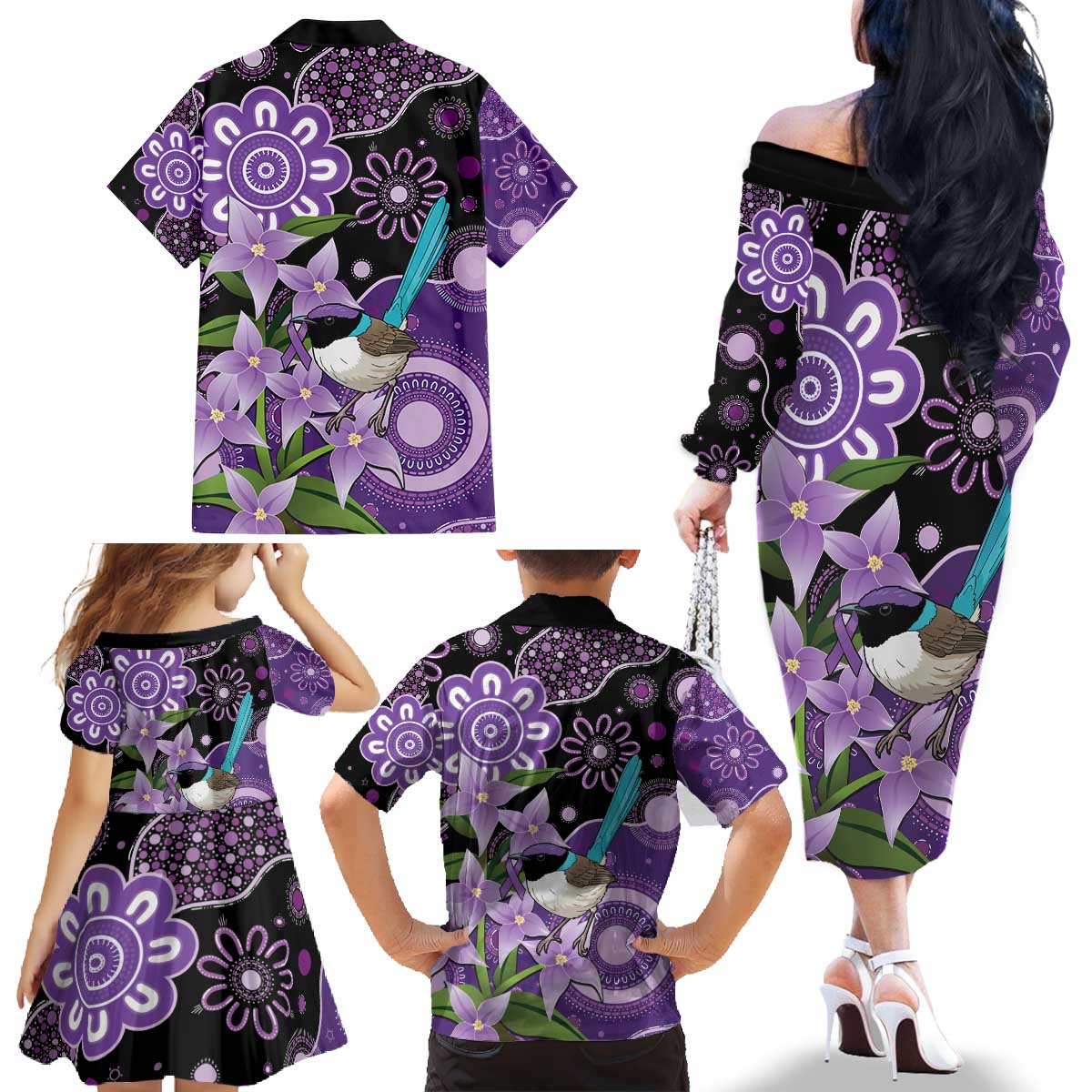 Australia Epilepsy Awareness Family Matching Off The Shoulder Long Sleeve Dress and Hawaiian Shirt Purple-crowned Fairywren Boronia Aboriginal - Aussie Hoodie