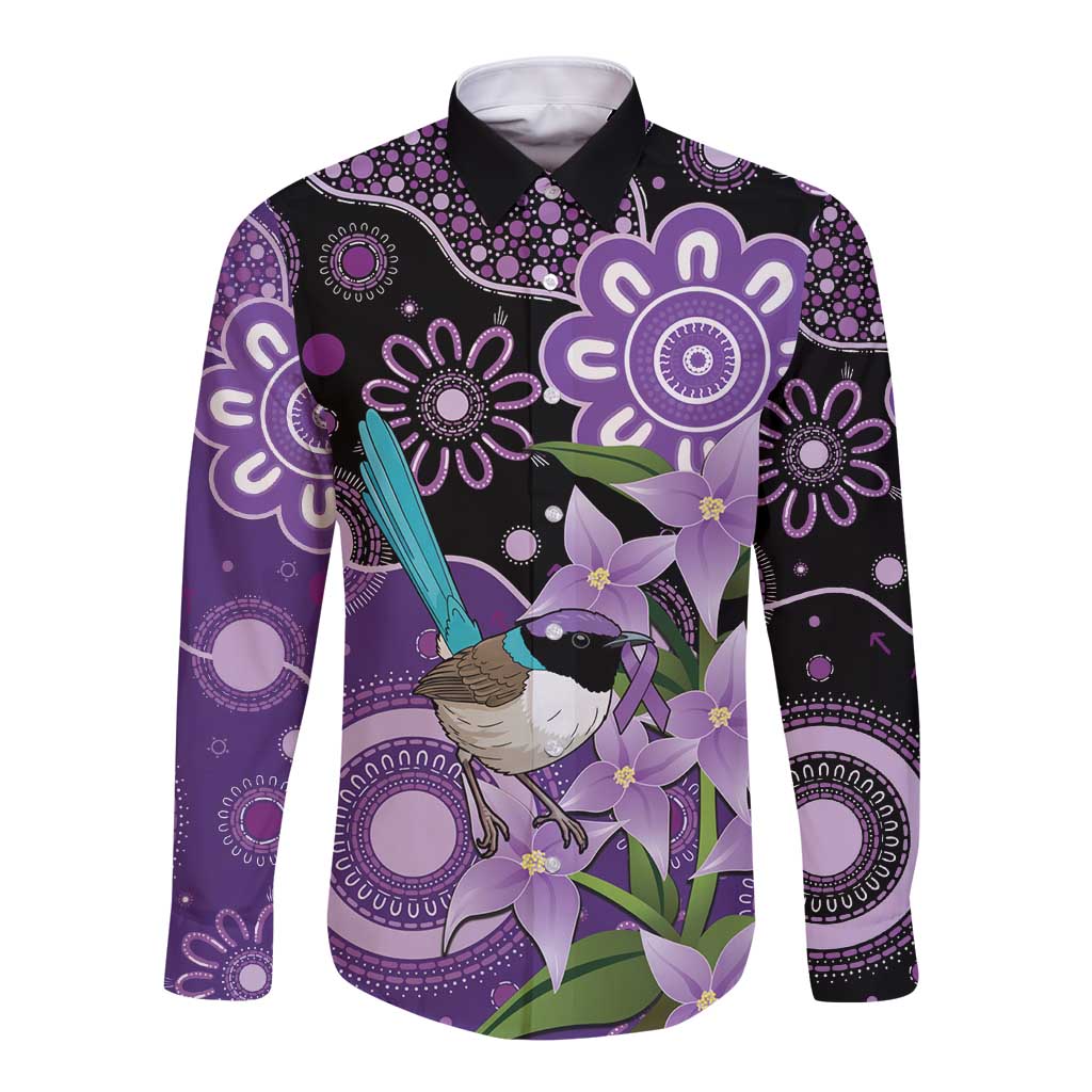 Australia Epilepsy Awareness Long Sleeve Button Shirt Purple-crowned Fairywren Boronia Aboriginal - Aussie Hoodie