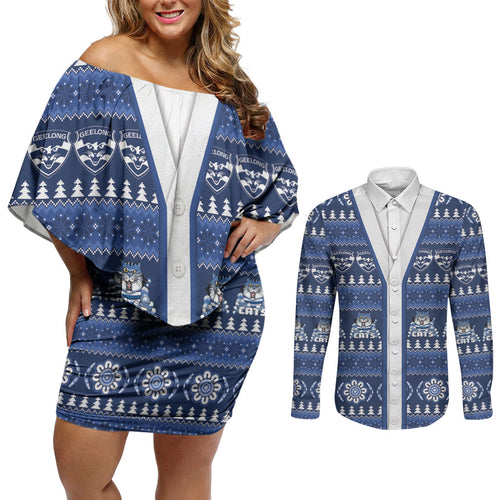 Geelong Cats Football Christmas Couples Matching Off Shoulder Short Dress and Long Sleeve Button Shirt Aboriginal Seamless Cardigan Inspired