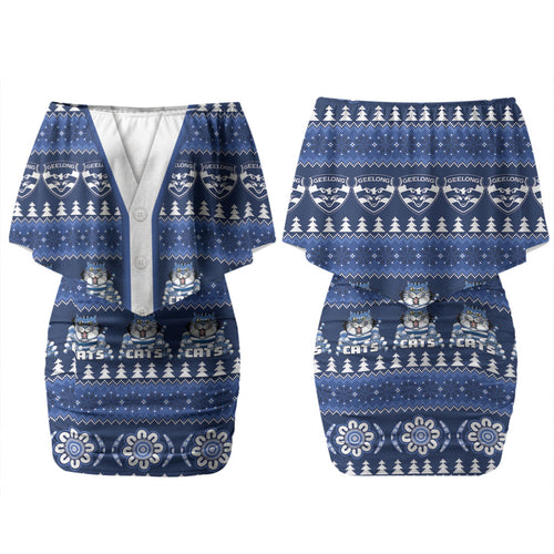 Geelong Cats Football Christmas Couples Matching Off Shoulder Short Dress and Long Sleeve Button Shirt Aboriginal Seamless Cardigan Inspired