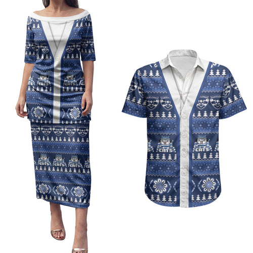 Geelong Cats Football Christmas Couples Matching Puletasi and Hawaiian Shirt Aboriginal Seamless Cardigan Inspired