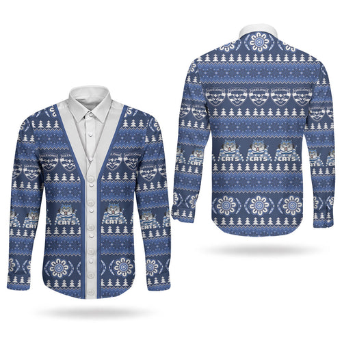 Geelong Cats Football Christmas Couples Matching Tank Maxi Dress and Long Sleeve Button Shirt Aboriginal Seamless Cardigan Inspired